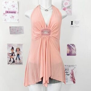 Peach Pink Y2K Beaded Halter Top – Pearl Center Detail